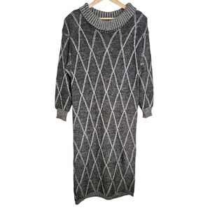 Vintage Gray Midi Sweater Dress Knitted Argyle Diamond Pattern‎ Made in Italy